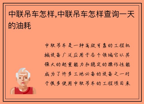 中联吊车怎样,中联吊车怎样查询一天的油耗