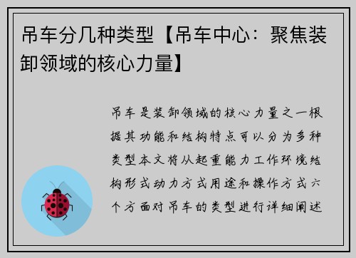 吊车分几种类型【吊车中心：聚焦装卸领域的核心力量】