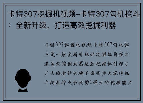 卡特307挖掘机视频-卡特307勾机挖斗：全新升级，打造高效挖掘利器