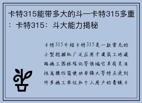 卡特315能带多大的斗—卡特315多重：卡特315：斗大能力揭秘